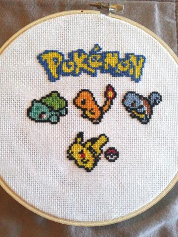 Example of Pokemon characters made in cross stitch.