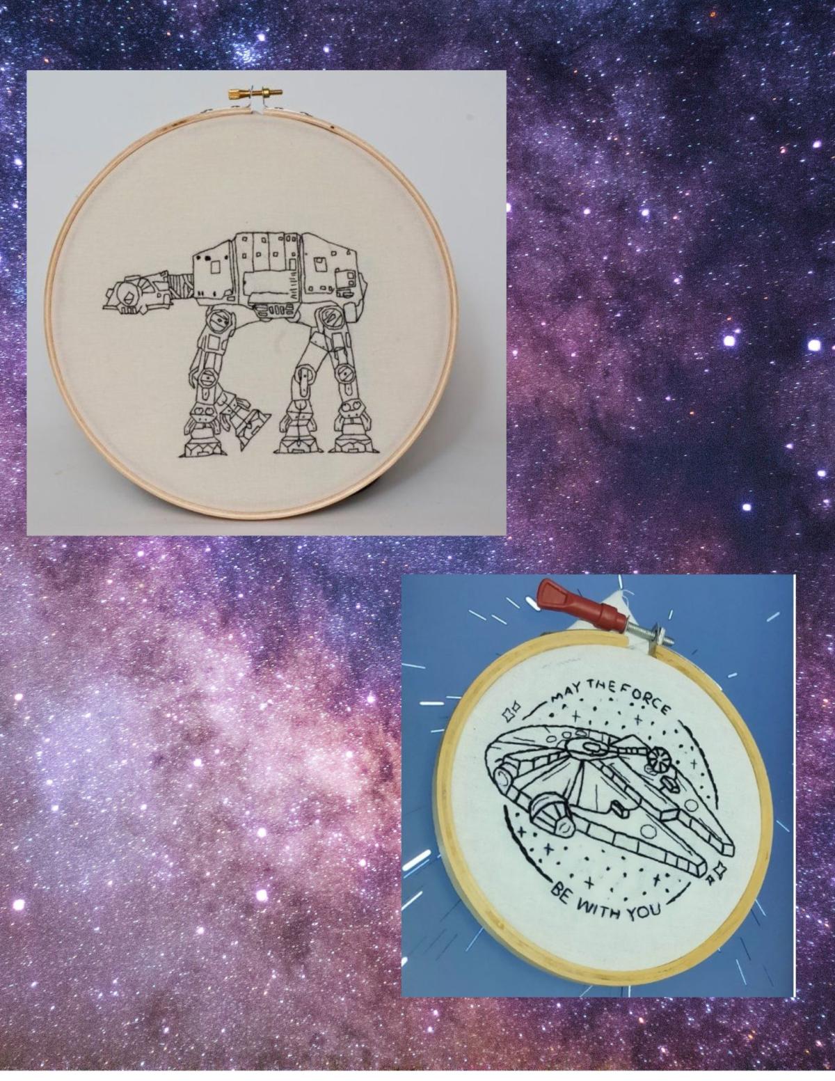 Embroidery stitches of the Millennium Falcon and an AT-AT Walker